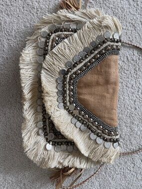 VICI Boho Fringe Coin & Bead Crossbody Clutch - Natural/Tan